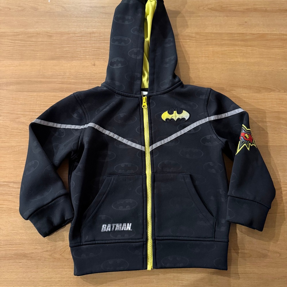 Batman Kids Black Zip Up Hoodie Yellow Logo Fleece Lined Sweatshirt 4T